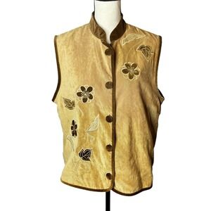 Suede like Vest with Floral Embroidery Sleeveless Brown Trimmed Button Down Top‎